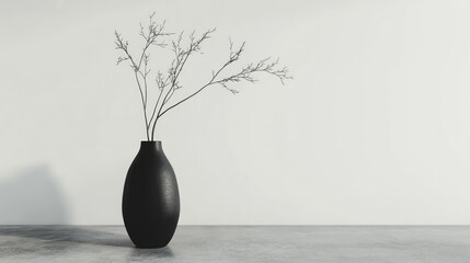 This image features a black ceramic vase with dried branches on a desk capturing a stylish and modern workspace with decorative elements.  AI generative.