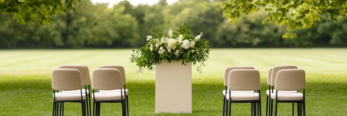 Elegant Open field with rows of chairs and a graduation podium under a sunny sky outdoor ceremony setting ideal for academic events 