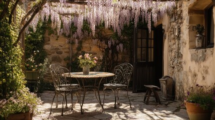 Obraz premium A cozy floral garden terrace with vintage metal chairs, a mosaic-tiled table, and cascading wisteria vines, warm sunlight highlighting the rustic stone walls