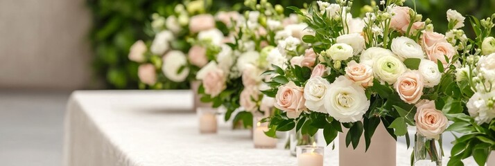 Elegant Outdoor wedding reception with long tables covered in lace tablecloths candles and pastel flower arrangements under soft evening light 