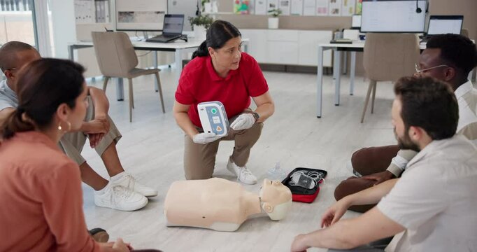First aid training, people and cpr with demonstration for medical simulation and emergency rescue with machine. Instructor, learning and lesson for health and safety technique or advice at workplace