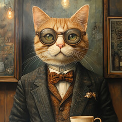 Cleverly dressed cat with glasses sitting at a table in a cozy cafe resembling the Victorian era. Generative AI