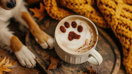 Cup of coffee with creamy foam, topped with latte art cat or dog paw prints, perfect for pet lovers and pet-friendly cafes. Concept of creativity, love for pets, and a cozy experience