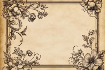 elegant vintage botanical frame design with intricate hand-drawn flowers, delicate swirls, and ornate corners in sepia tones on aged parchment