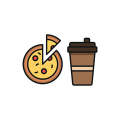 Drink and pizza set icon represents a classic fast food combination, perfect for restaurant branding, food delivery apps, party invitations, and casual dining visuals.