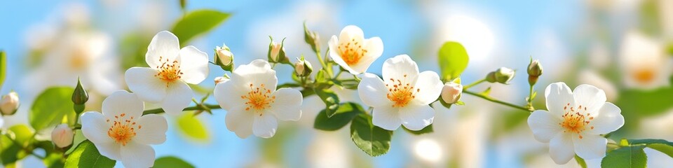 Obraz premium White Dog Rose Flowers Bloom Against Clear Blue Sky, Close-Up, Shallow Depth of Field