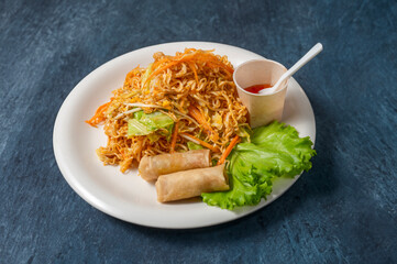 Stir fried noodles with thai fried spring rolls on a plate isolated on a gray-blue background  typical dish of traditional Thai cuisine