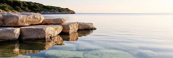 Elegant Rocky beach cove with crystal clear tide pools reflecting the golden hues of sunset hidden coastal gem 