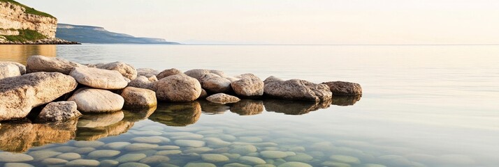 Elegant Rocky beach cove with crystal clear tide pools reflecting the golden hues of sunset hidden coastal gem 