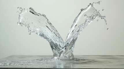 A crystal-clear water splash forming a sharp V-shape, frozen in mid-air, highlighting the precision and beauty of fluid motion.