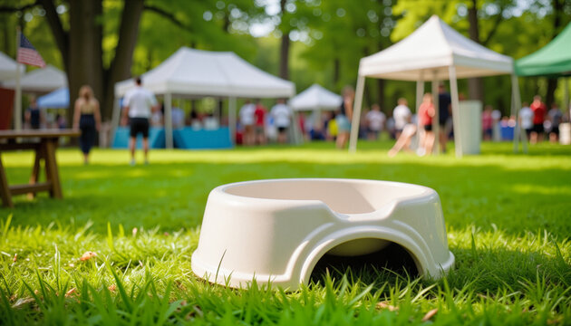 Minimalistic ceramic water bowl on lush green grass at a pet adoption fair, welcoming atmosphere