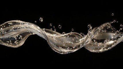 A delicate, swirling water splash suspended in mid-air, forming an elegant ribbon-like pattern with glistening droplets scattered throughout