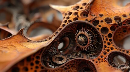 An intricate dance of metallic leaves with glowing edges, [steampunk style], [warm brass tones], [intricate gears], [dynamic].