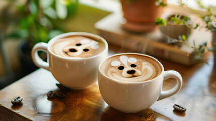 Cup of coffee with creamy foam, topped with latte art cat or dog paw prints, perfect for pet lovers and pet-friendly cafes. Concept of creativity, love for pets, and a cozy experience