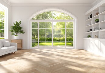 Fototapeta premium Sunlit Living Room with Arched Window & Garden View