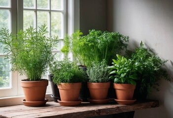 Fototapeta premium Fresh herbs in pots, cozy atmosphere, arranged on windowsill, indoor gardening, copy space