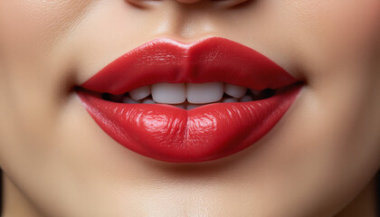 Fototapeta premium Close-up of shiny cherry red lips and white teeth against a neutral background