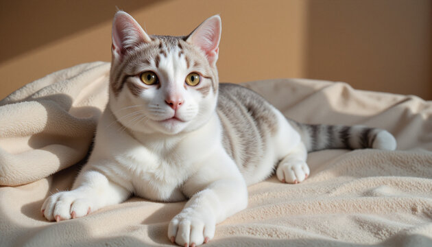 Calm white and gray cat relaxing on a soft blanket in warm afternoon sunlight