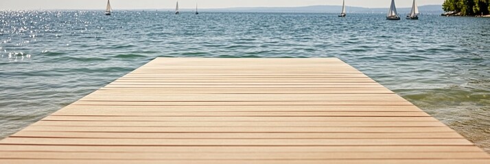 Elegant Sunlit wooden pier extending over calm azure water with sailboats in the distance peaceful summer getaway vibe 