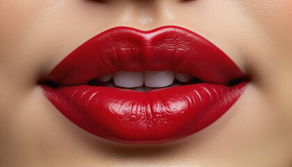 Close-up of glossy cherry red lips with a natural expression against a soft-focus background