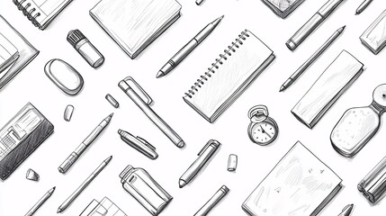 Naklejka premium Hand-drawn stationery supplies pattern featuring notebooks, pens, and other items on a white background, ideal for design and branding.