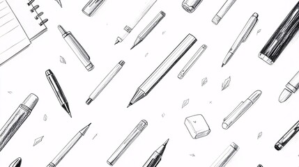 Fototapeta premium Hand-drawn stationery supplies pattern featuring notebooks, pens, and other items on a white background, ideal for design and branding.