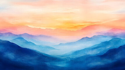 A serene watercolor landscape featuring mountains under a colorful sunset, blending hues of blue, orange, and pink.