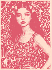 Vector illustration of a girl with floral ornaments. Romantic art nouveau style portrait. Suitable for print, posters, cards, and delicate design projects.