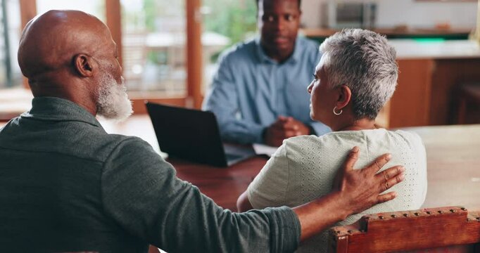 Sad, meeting and financial advisor with old couple at home for debt counseling, retirement fund and consulting. Bankruptcy, life insurance agent and empathy with people for mortgage agreement