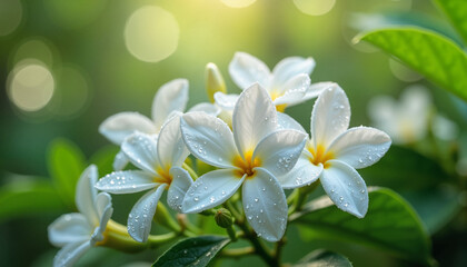 Fototapeta premium Close-up of fresh jasmine flowers with delicate white petals and dewdrops