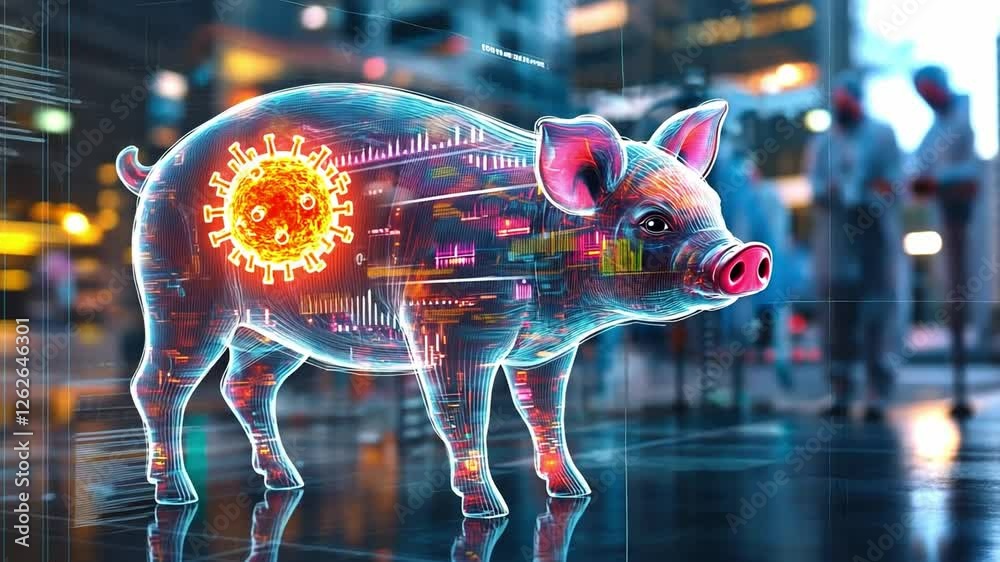 Aufkleber digital visualization of a pig displaying patterns and elements related to technology and health