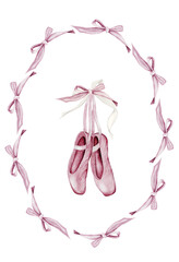 Pointe shoes watercolor. Hand drawn pink ballerina accessories in a frame of bows on isolated white background. Clip art of elegant satin ballet shoes with space for name inscription. Ideal card for