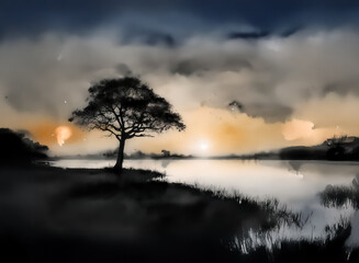 Fototapeta premium A tranquil landscape scene shows a lone tree standing by the still water of a lake at dusk or dawn, beneath a cloudy sky with soft orange glow on the horizon.