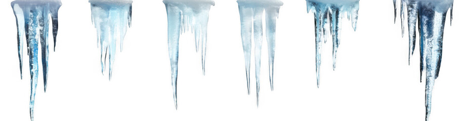Hanging icicles with detailed frozen texture winter weather elements transparent background
