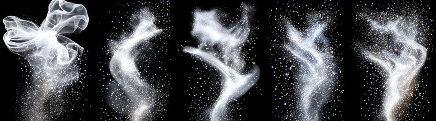 Magical motion, sparkling lines, and glittering stars with silver shimmering swirls on a black background