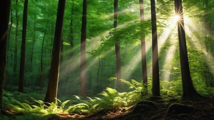 Fototapeta premium Sunlight beams gently penetrate the dense summer forest, illuminating lush green leaves and creating a magical, tranquil atmosphere. A peaceful nature scene full of warmth, serenity