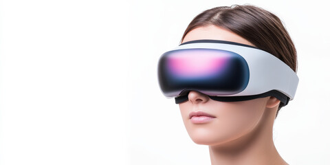 A woman wearing modern VR goggles, showcasing advanced technology and immersive experiences in virtual reality.