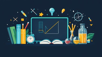 World Teachers' Day with school essentials like a blackboard, book, pencil, and glass, celebrating educators and the back-to-school theme.