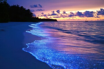 Fototapeta premium ethereal maldives beach at twilight with bioluminescent waves lapping crystalline shores, pastel sky reflecting on water