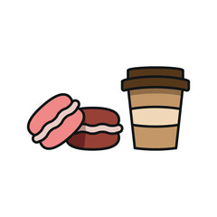Drink and macaron set icon represents elegant desserts and café culture, perfect for bakery branding, pâtisserie menus, afternoon tea promotions, and gourmet food visuals.