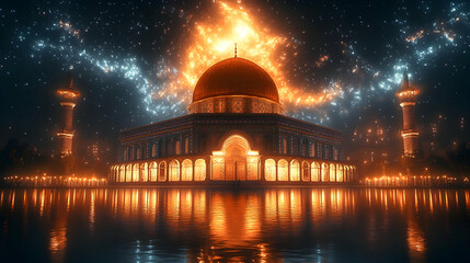 Obraz premium Illuminated Dome of the Rock at night, fiery sky, reflective water, spiritual celebration