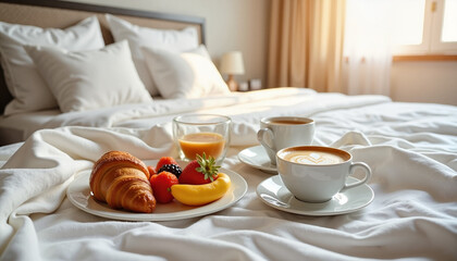 Beautifully arranged breakfast on a soft white blanket with croissants, fresh fruits, and cappuccino, blurred background of a bright and spacious bedroom