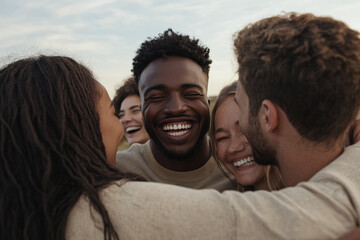 Fototapeta premium A diverse group of friends embraces in a big group hug, smiling and laughing. They are happy to be combined together.