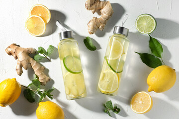 Lemon water with mint in bottles, fresh leaves, fruits and ginger on white table, flat lay