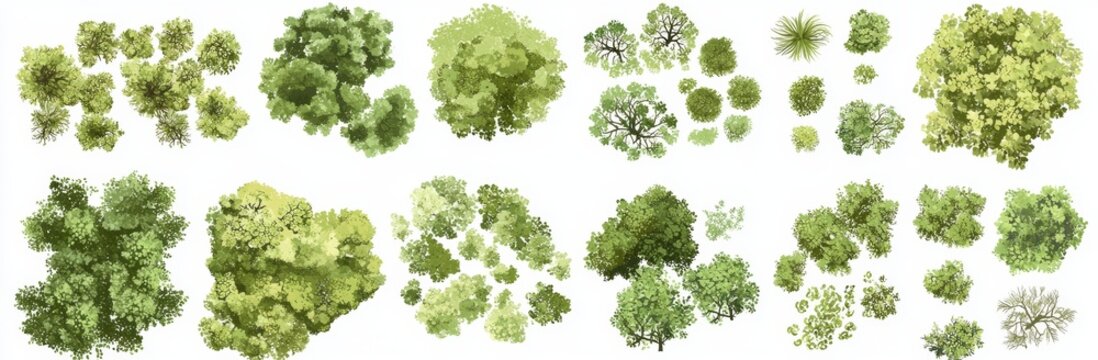 A modern tree top view, isolated on a white background, designed for landscape plans and architectural layouts, ideal for garden and environmental elements.