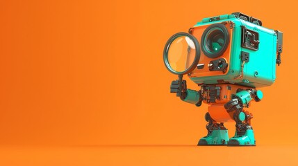 In a whimsical illustration, a friendly robot uses a magnifying glass to study customer reviews, underscoring the use of AI to discern customer sentiment and improve marketing efforts