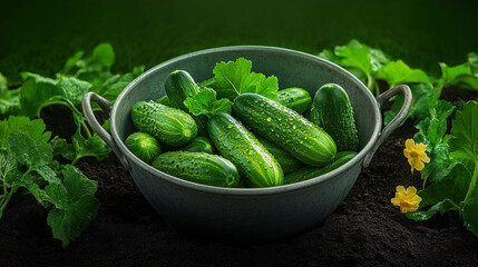 Fresh garden cucumbers in a bowl, showcasing organic vegetables, green leaves, and vibrant produce for healthy eating lifestyle.