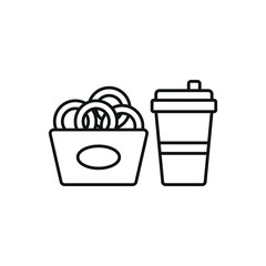 Drink and onion rings set food icon in flat style, featuring a refreshing beverage in a cup with a straw and a crispy stack of golden onion rings.