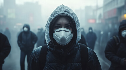 People in mask walk through a city blanketed in thick, gray pollution
