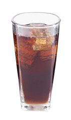 Sweet soda water with ice cubes in glass isolated on white